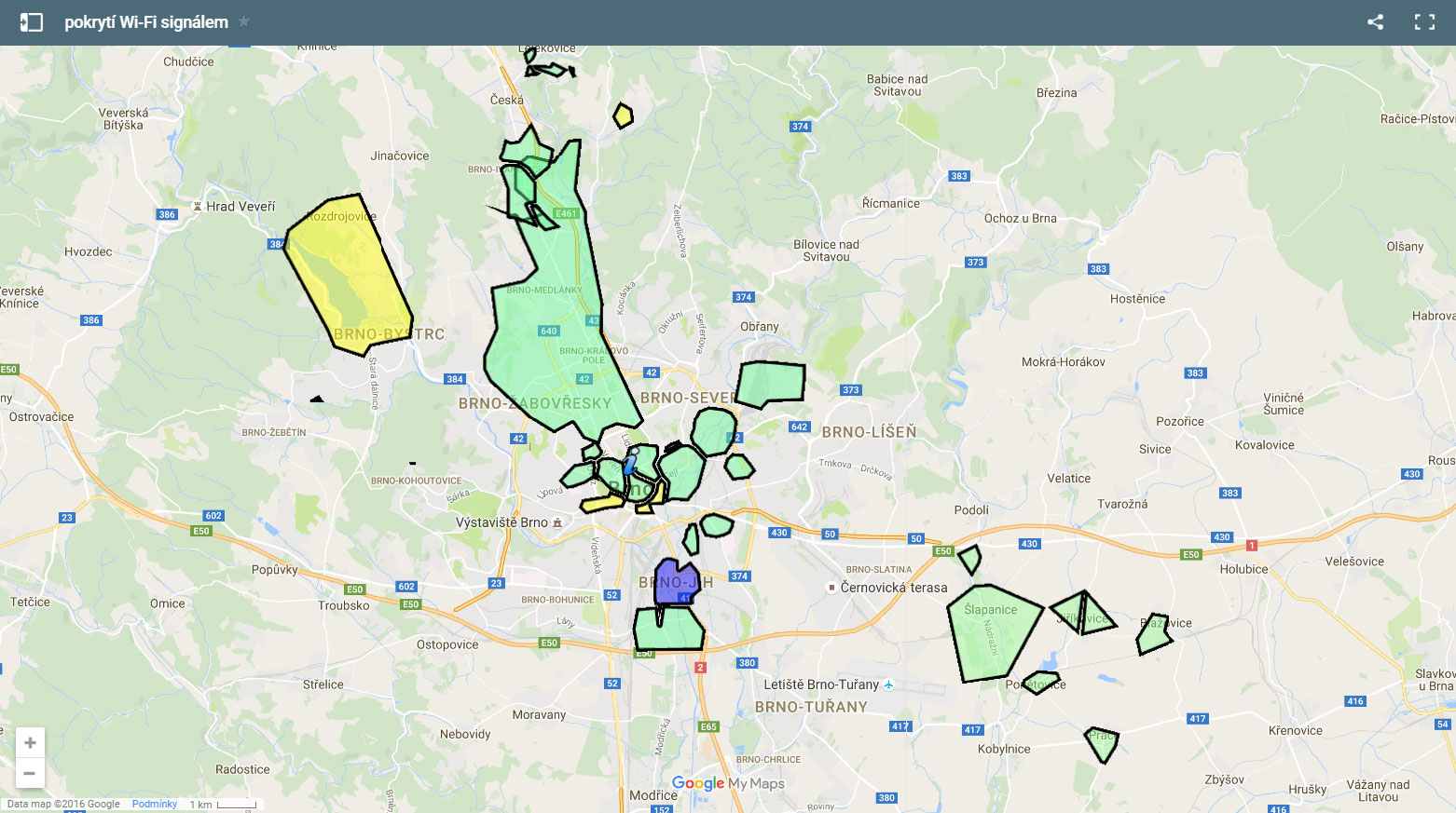 Mapa pokrytí internetem Brnet